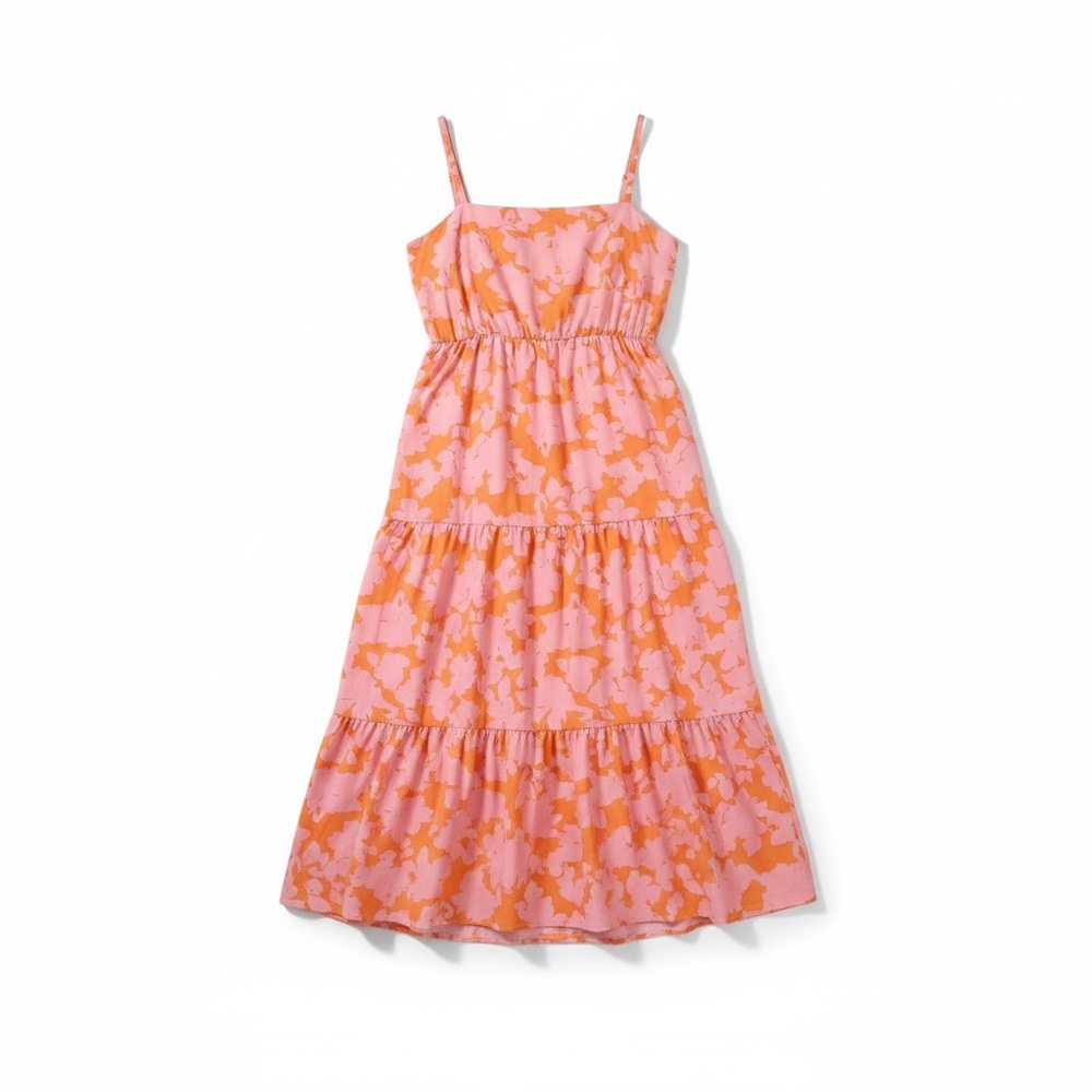 Social Standard by Sanctuary Pink Orange Floral Midi Dress L Smocked Back - Picture 2 of 11